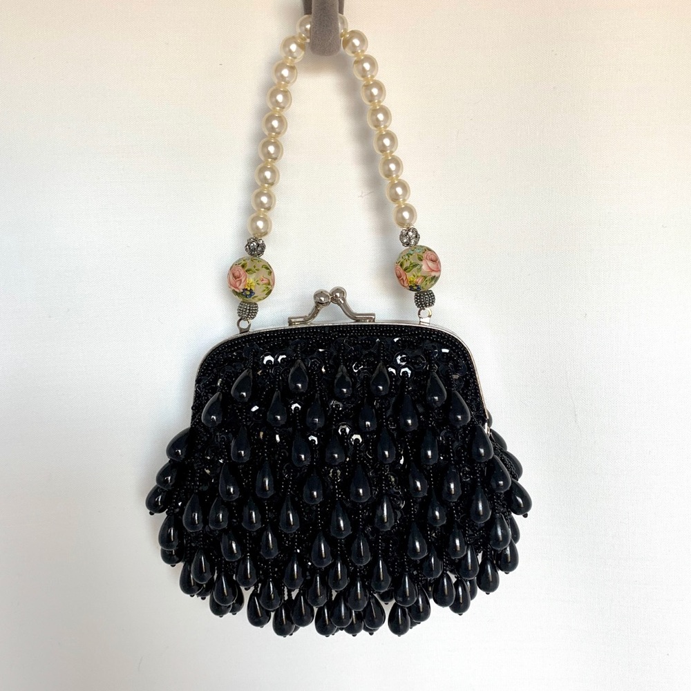 LILY SCOTT Black Beaded Handbag w/ Pearls